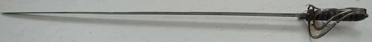 A Victorian Royal Artillery officer’s sword, regulation etched blade, regulation plated hilt, blade 88cm. Condition - fair, well worn